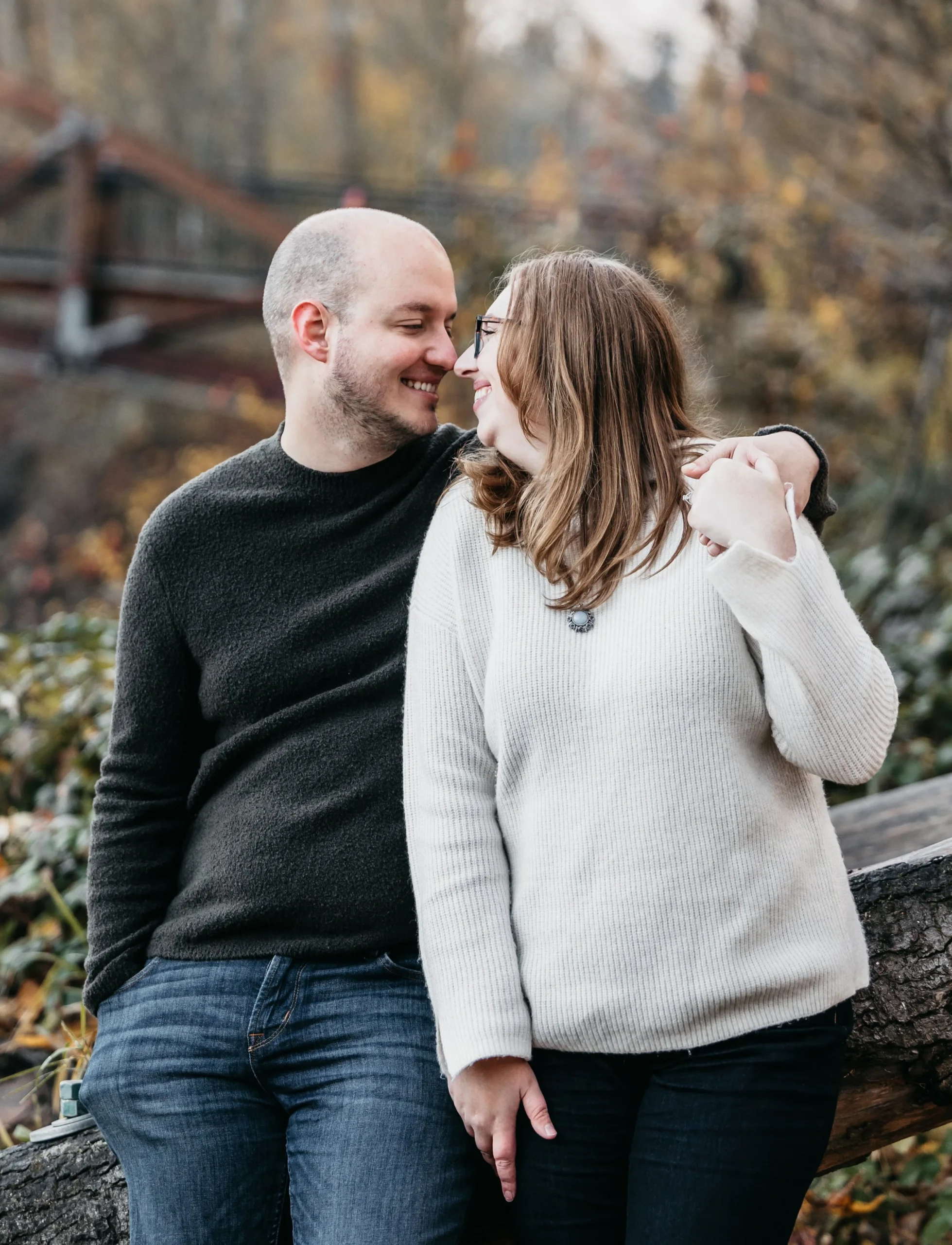 Couple enjoys a photoshoot together at Bothell Landing Park in Bothell, WA