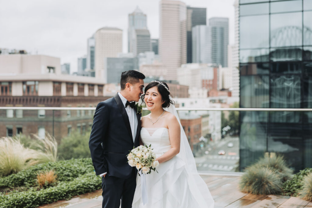 Bride and Groom Share a moment together at Embassy Suites by Hilton in Downtown Seattle, Washington