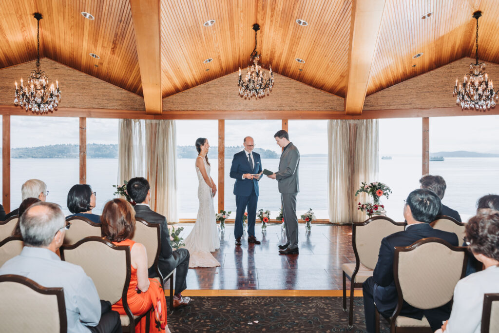 Bride and Groom at the Ceremony altar at Edgewater Hotel in Seattle, WA