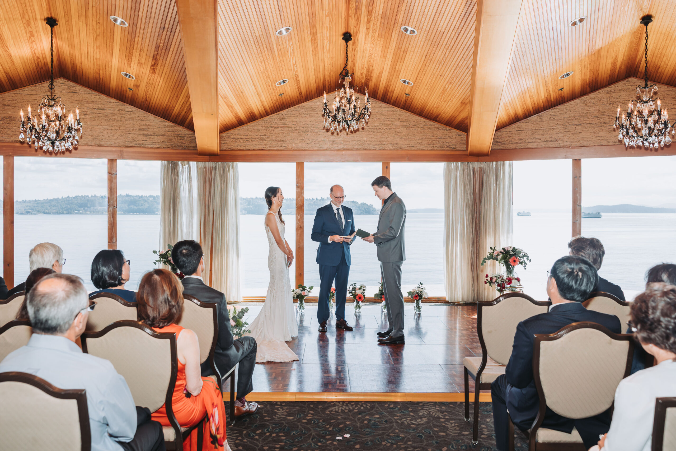 Bride and Groom at the Ceremony altar at Edgewater Hotel in Seattle, WA