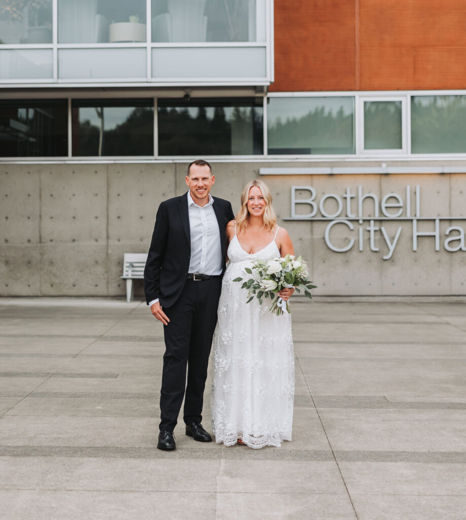 Bride and Groom Portrait in front of Bothell Courthouse in Bothell, Washington