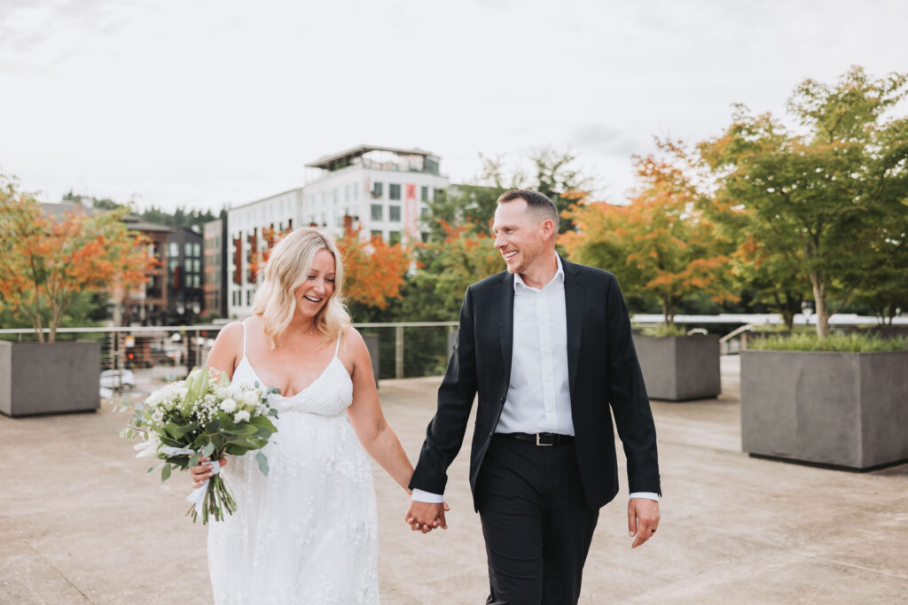 Bride and Groom enjoying a moment after their courthouse elopement in Bothell, Washington