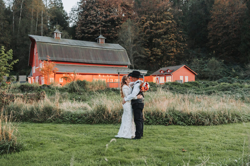 Bride and Groom enjoying a moment together at Marionfield Farm in Arlington, WA
